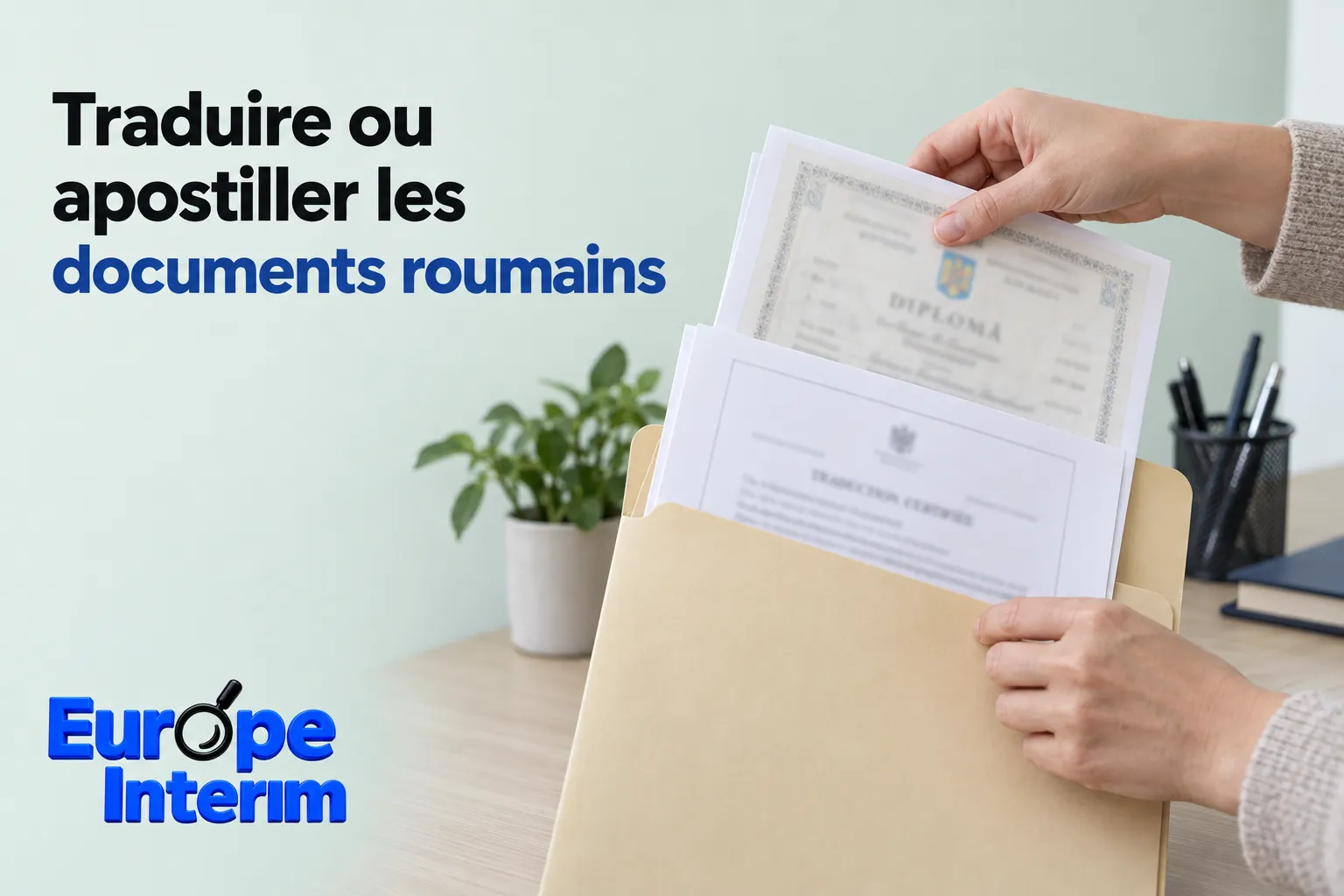 Deux mains retirant des documents roumains d’une enveloppe sur un bureau blanc.