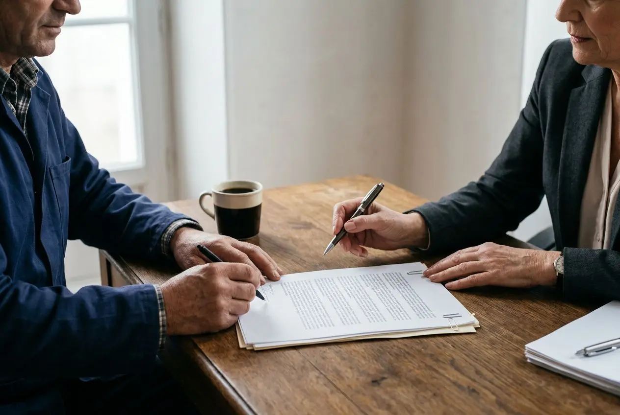 Deux personnes signent des documents officiels sur une table en bois, avec une tasse de café à côté.