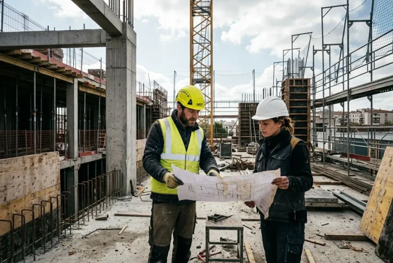 Deux professionnels sur un chantier de construction, l’un en gilet jaune et casque, l’autre en casque blanc, consultent des plans de construction. Travail temporaire secteur construction.