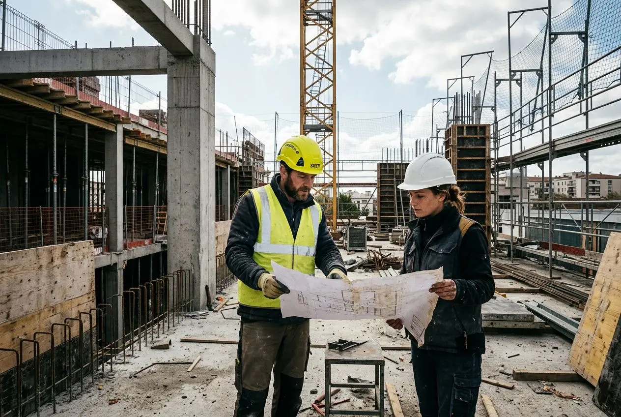 Deux professionnels sur un chantier de construction, l’un en gilet jaune et casque, l’autre en casque blanc, consultent des plans de construction. Travail temporaire secteur construction.