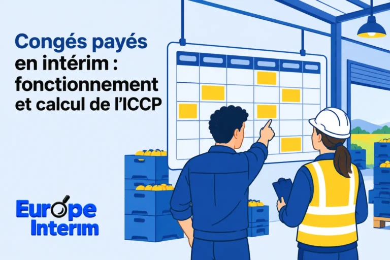 Deux salariés intérimaires regardent un calendrier de congés dans un entrepôt.