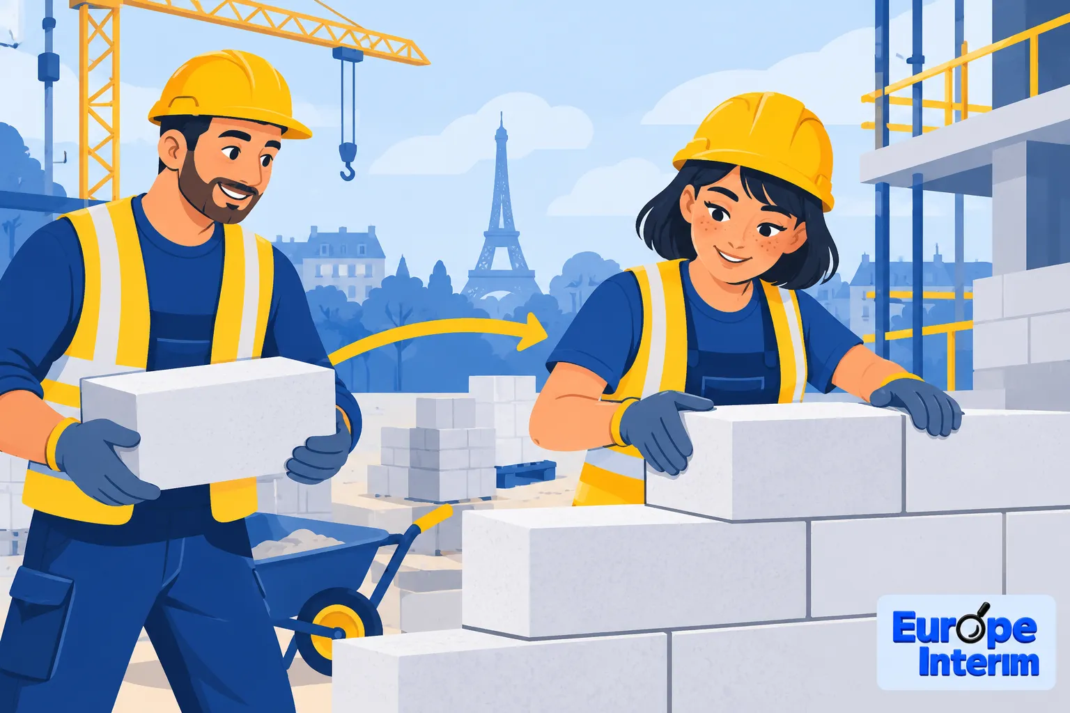 Deux travailleurs en sécurité travaillent sur un chantier de construction avec des briques et une grue en arrière-plan.