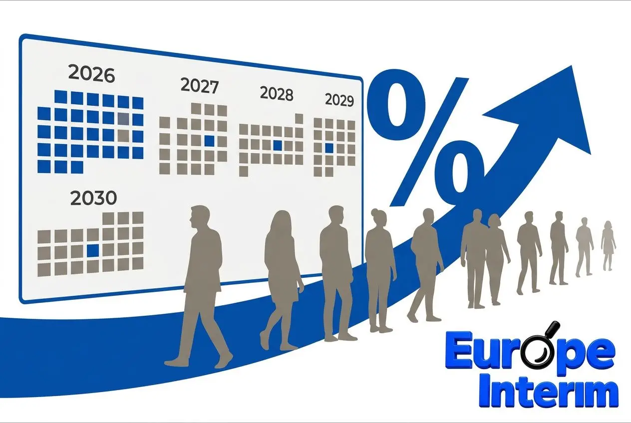 Diagramme montrant des silhouettes marchant vers une flèche ascendante et le pourcentage, représentant des années 2026–2030. Texte Europe Interim. Quel secteur manque de main d'œuvre?