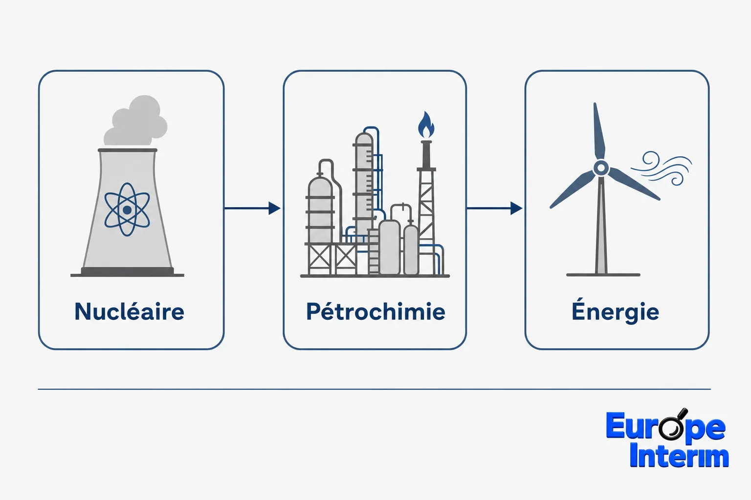 Diagramme: Nucléaire → Pétrochimie → Énergie, icônes industrielles alignées et flèches, logo Europe Intermittm en bas à droite. texte: Nucléaire, Pétrochimie, Énergie.