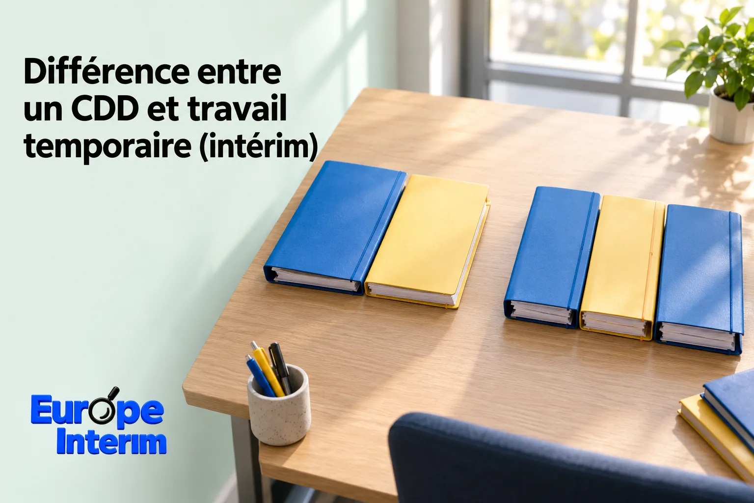 Différence entre un CDD et travail temporaire affichée à côté d’un bureau avec des classeurs bleu et jaune.
