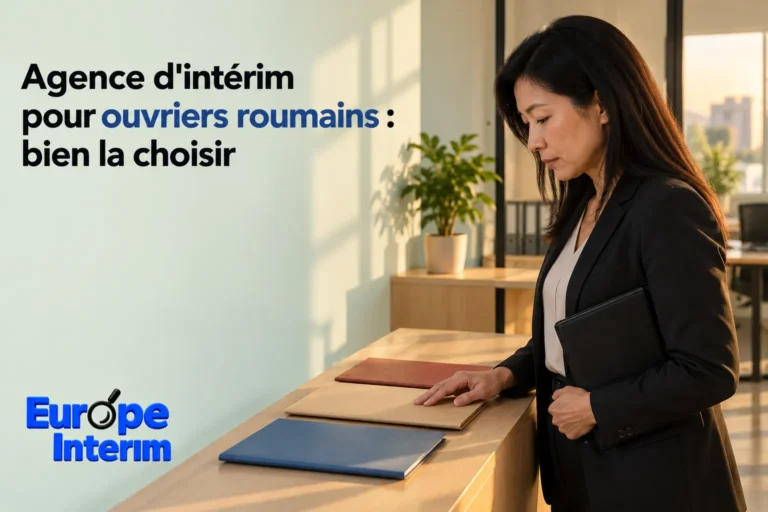 Une employée en costume se tient près d’un comptoir de bureau avec des dossiers posés dessus.