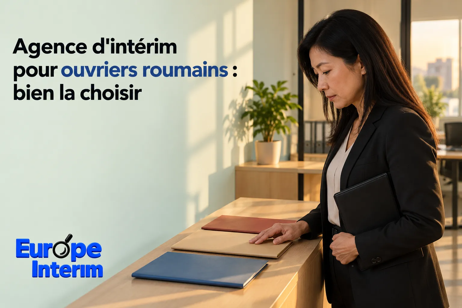 Une employée en costume se tient près d’un comptoir de bureau avec des dossiers posés dessus.