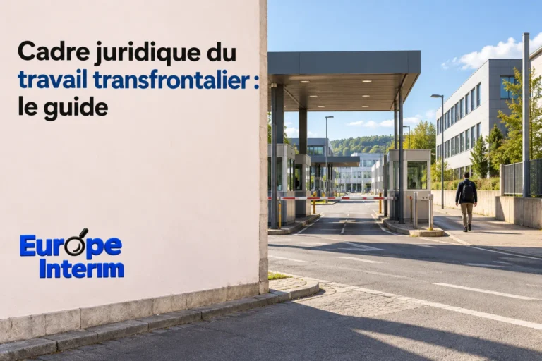 Entrée d’un site d'entreprise avec un panneau affichant « Cadre juridique du travail transfrontalier : le guide » et un