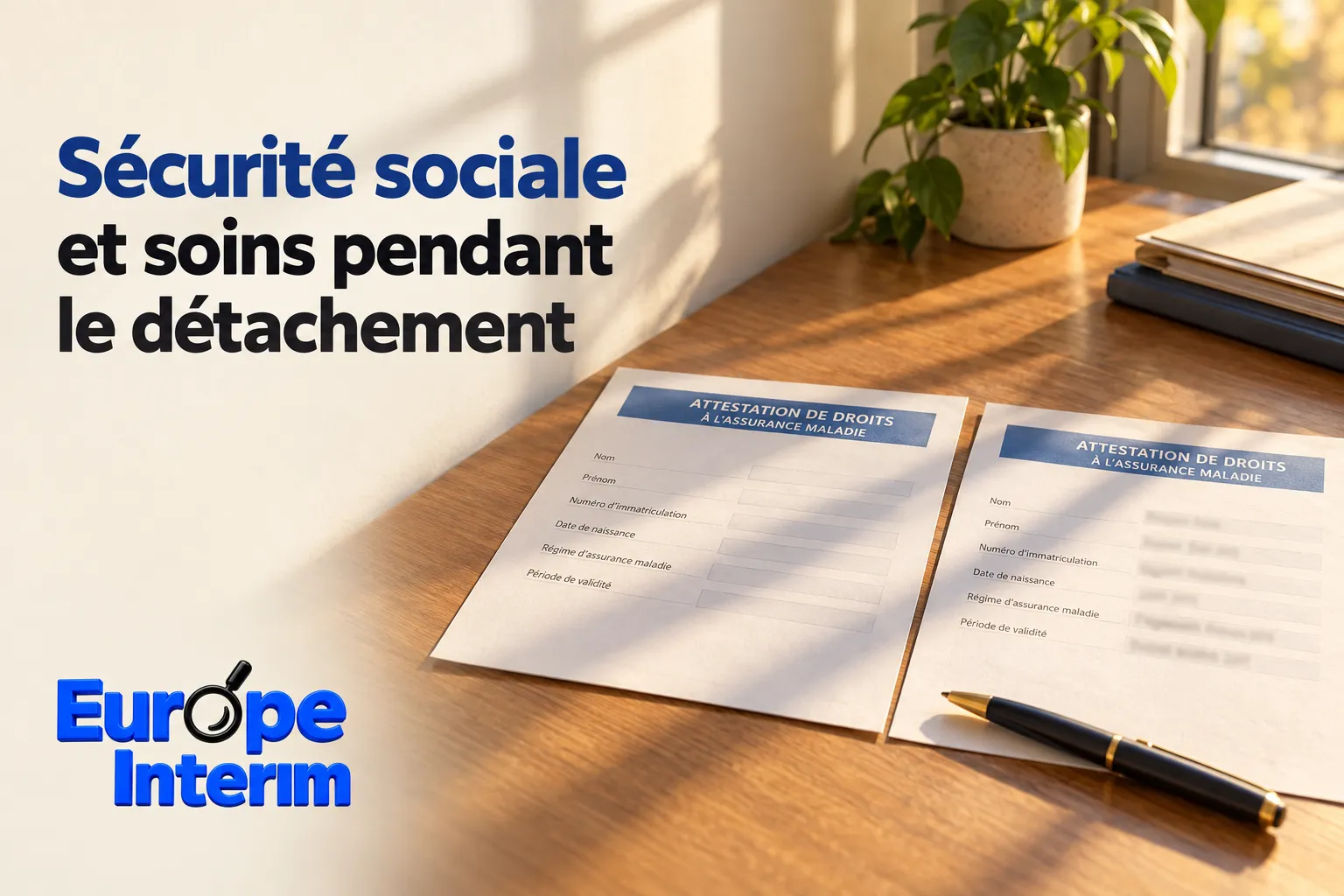Exemple de documents d’attestation de droits sur une table avec stylos et plante en arrière-plan.