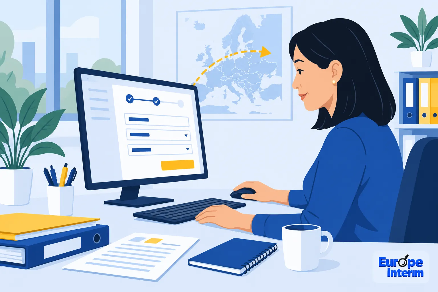 Une femme assise à un bureau, travaillant sur un ordinateur avec un écran affichant un formulaire.