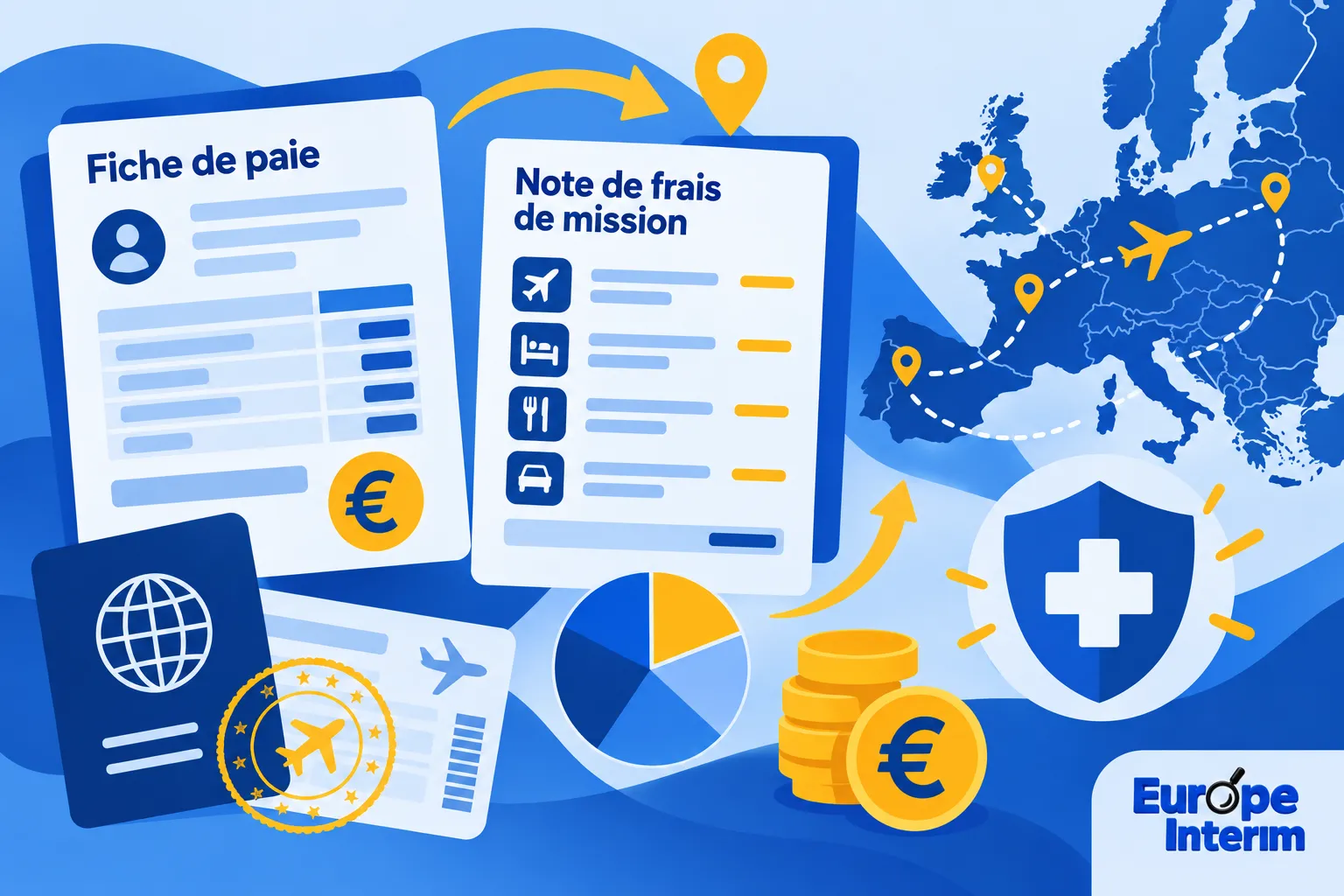 Fiche de paie, note de frais de mission et documents de voyage alignés sur un fond bleu avec pièces d’or et globe, évoquant