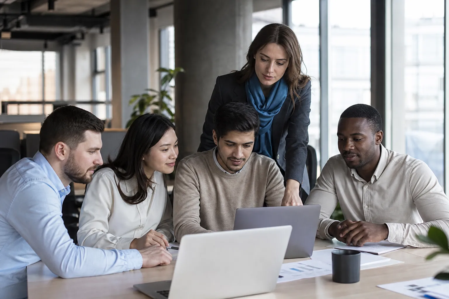 Groupe de cinq professionnels autour d’un ordinateur portable, discussion et travail collaboratif en espace bureau. (offre d'emploi en roumanie pour les étrangers)