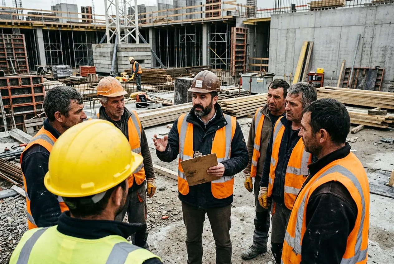 Groupe d’ouvriers sur un chantier de construction, portant gilets orange et casques, écoute d’un responsable avec un dossier. Travail temporaire secteur construction.