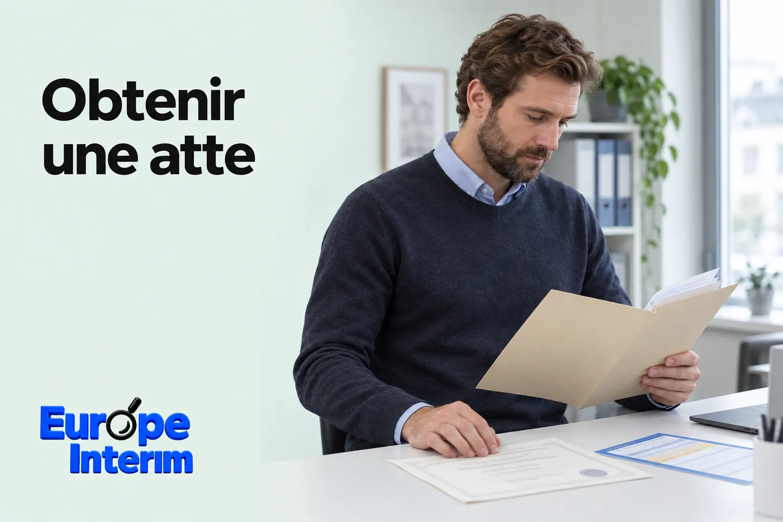 Homme assis à un bureau lit un dossier de documents.