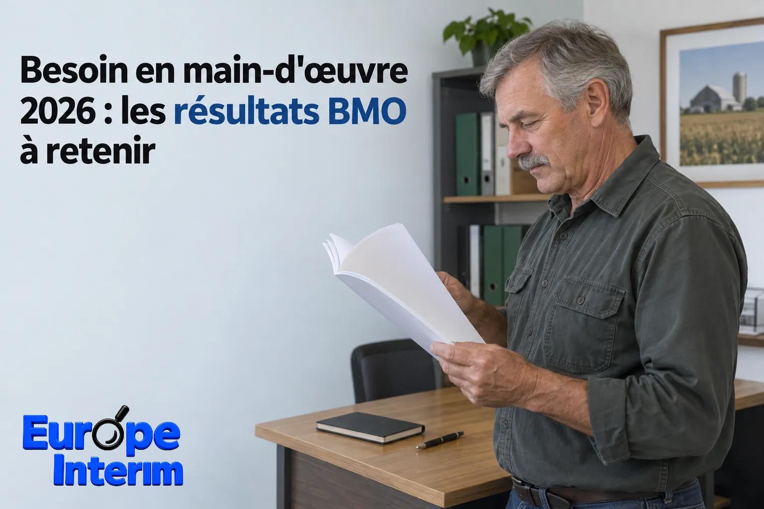 Un homme d’âge moyen lit des documents sur un bureau dans un bureau, avec des étagères et une plante en arrière-plan.