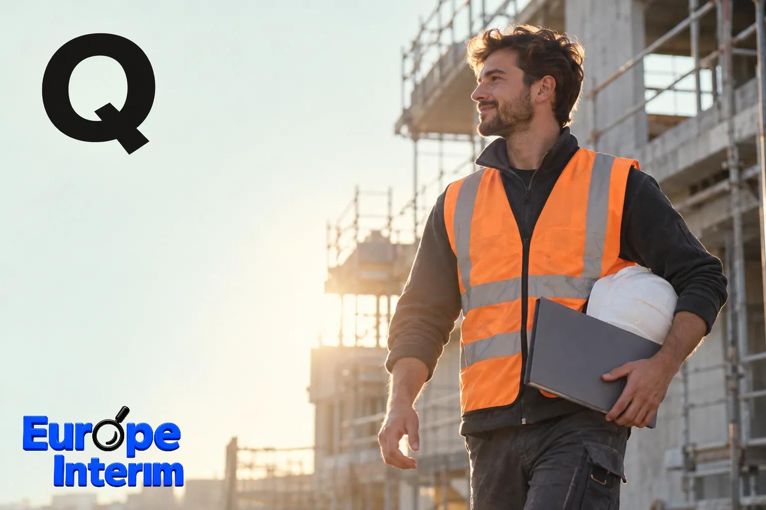 Un homme portant gilet orange réfléchissant et casque blanc sous bras tient un carnet et un dossier sur un chantier de