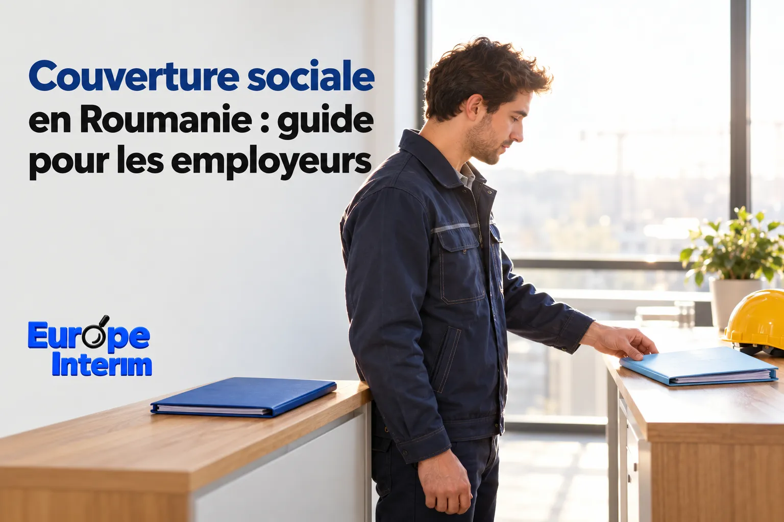 Un homme en tenue de travail consulte un dossier posé près d’un casque de chantier.