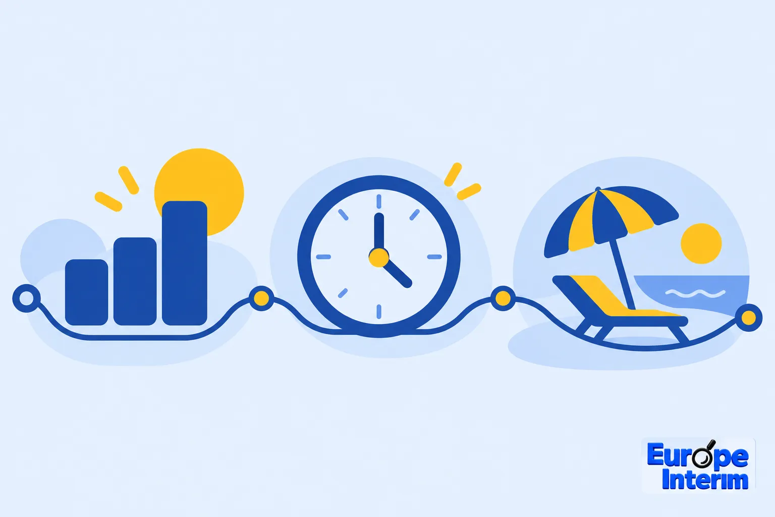 Illustration affichant des icônes liées au temps et aux congés : graphique de progression, horloge et chaise longue avec
