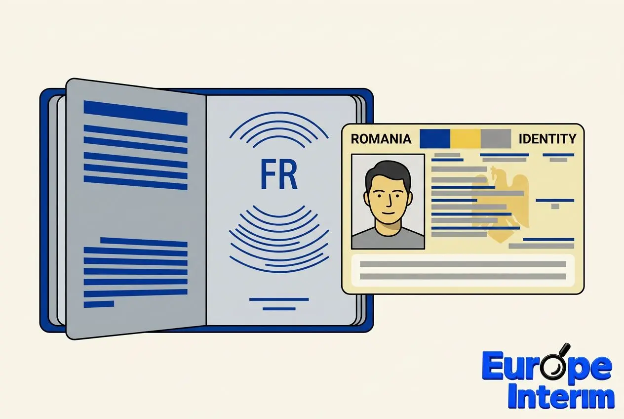 Illustration d’un passeport et d’un livret d’identité montrant FR, symbole européen, accompagnés d’une carte d’identité roumaine, contexte “permis de travail roumain en france”.
