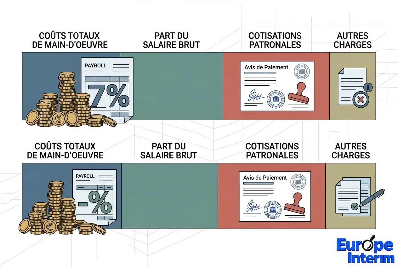 Illustration montrant les coûts totaux du travail en Europe par pays, avec piles de pièces et fiches de salaire; motif pédagogique et comparaison européenne. Coût du travail en europe par pays, intégrant la position de la France.