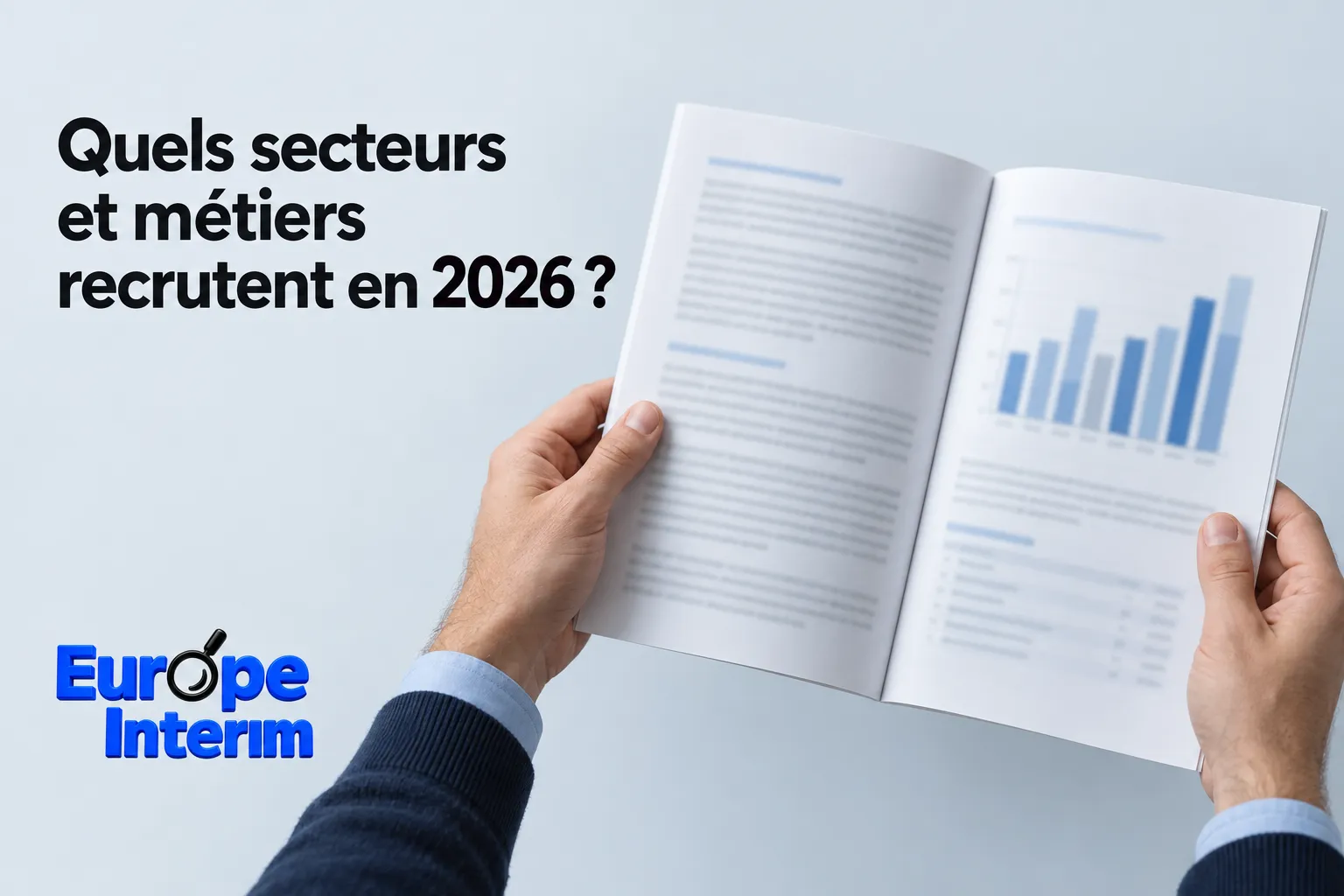 Des mains tiennent un document ouvert montrant des graphiques et du texte.
