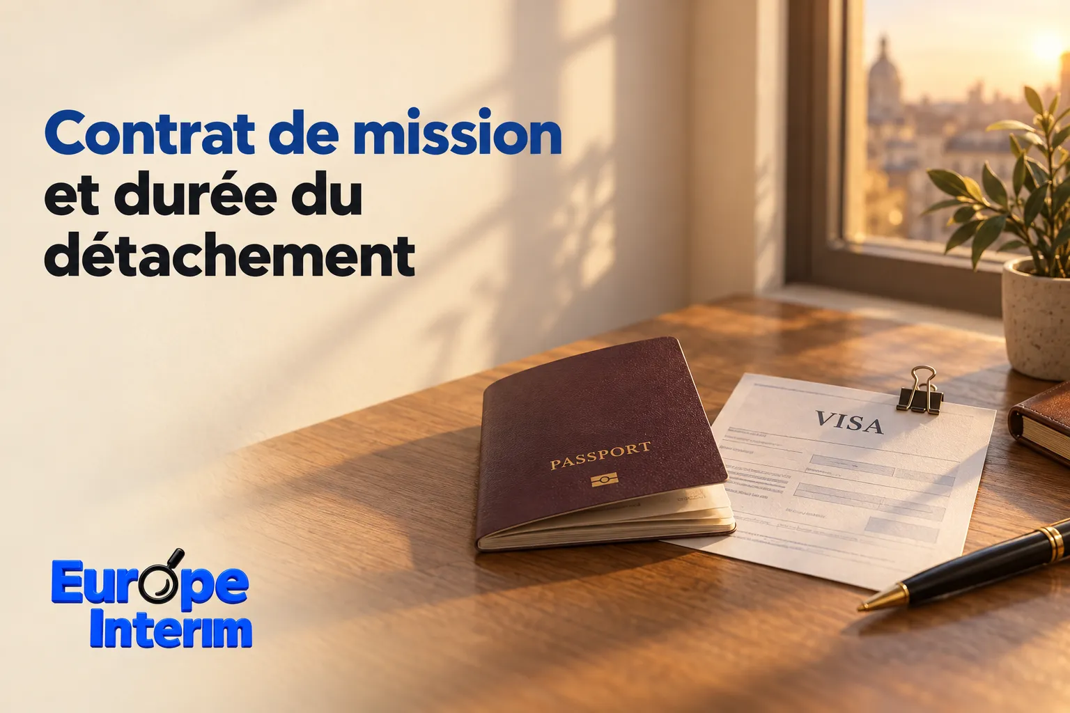 Passeport, visa et documents de voyage posés sur une table aux côtés d’un stylo.