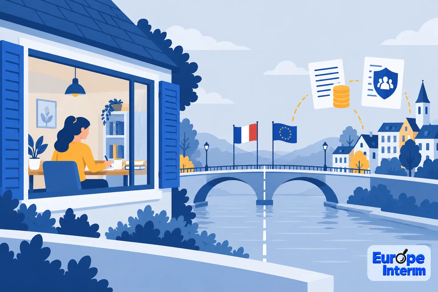 Une personne assise à son bureau à domicile, vue par la fenêtre ouverte d'une maison, travaillant sur son ordinateur avec un