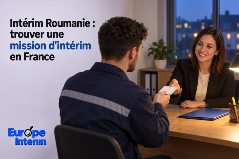 Personne rencontrant une conseillère lors d’un entretien devant un panneau “Intérim Roumanie : trouver une mission d’intérim