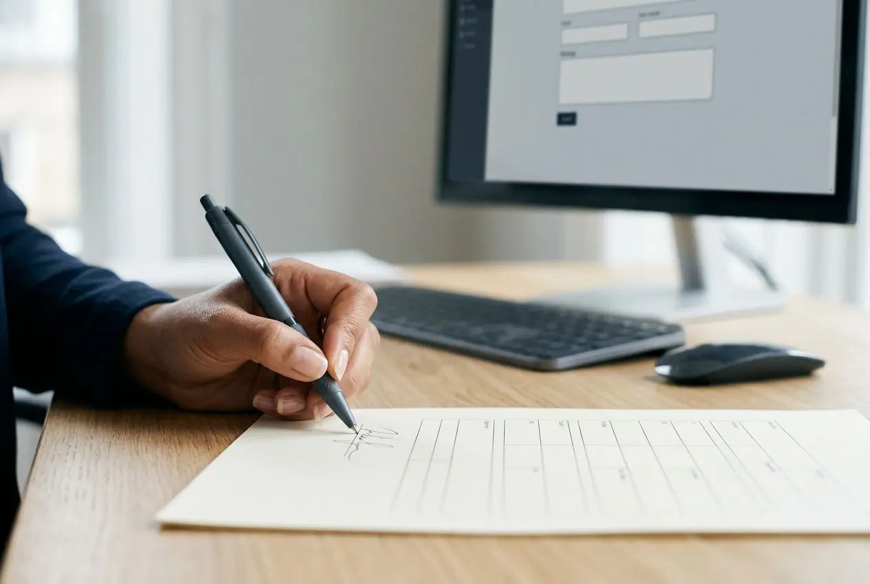 Personne signant un document sur un bureau avec ordinateur à l'écran, lié au permis de travail roumain en France.