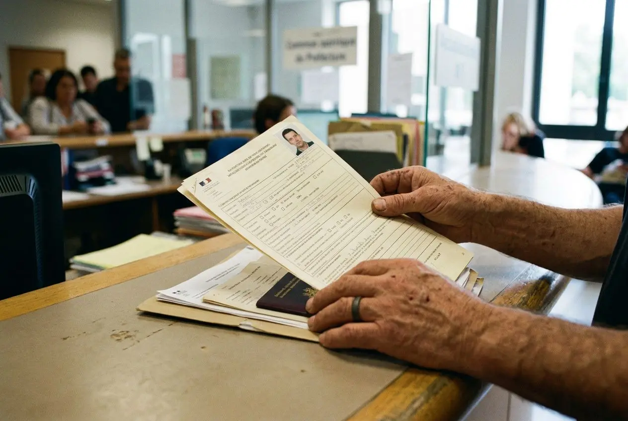 Personne tenant et examinant des documents officiels sur un guichet, dans un espace d’accueil; en arrière-plan, des agents et des visiteurs. droirs des étrangers en france (intégré).