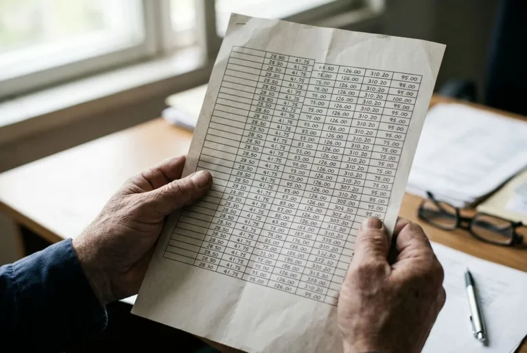 Une personne tient une feuille imprimée avec un tableau de chiffres, probablement des taux ou salaires, sur fond de bureau.
