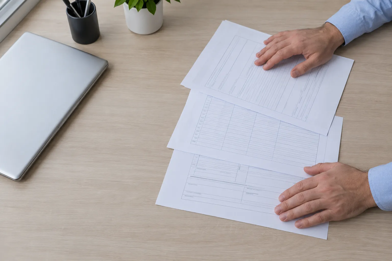 Personne triant des documents administratifs sur une table avec un ordinateur portable à côté.