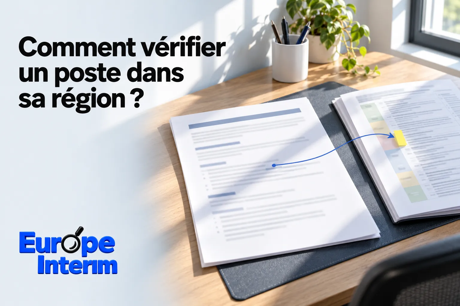 Une photo montre un bureau avec des documents et un carnet ouverts sur une table, éclairé par la lumière naturelle.