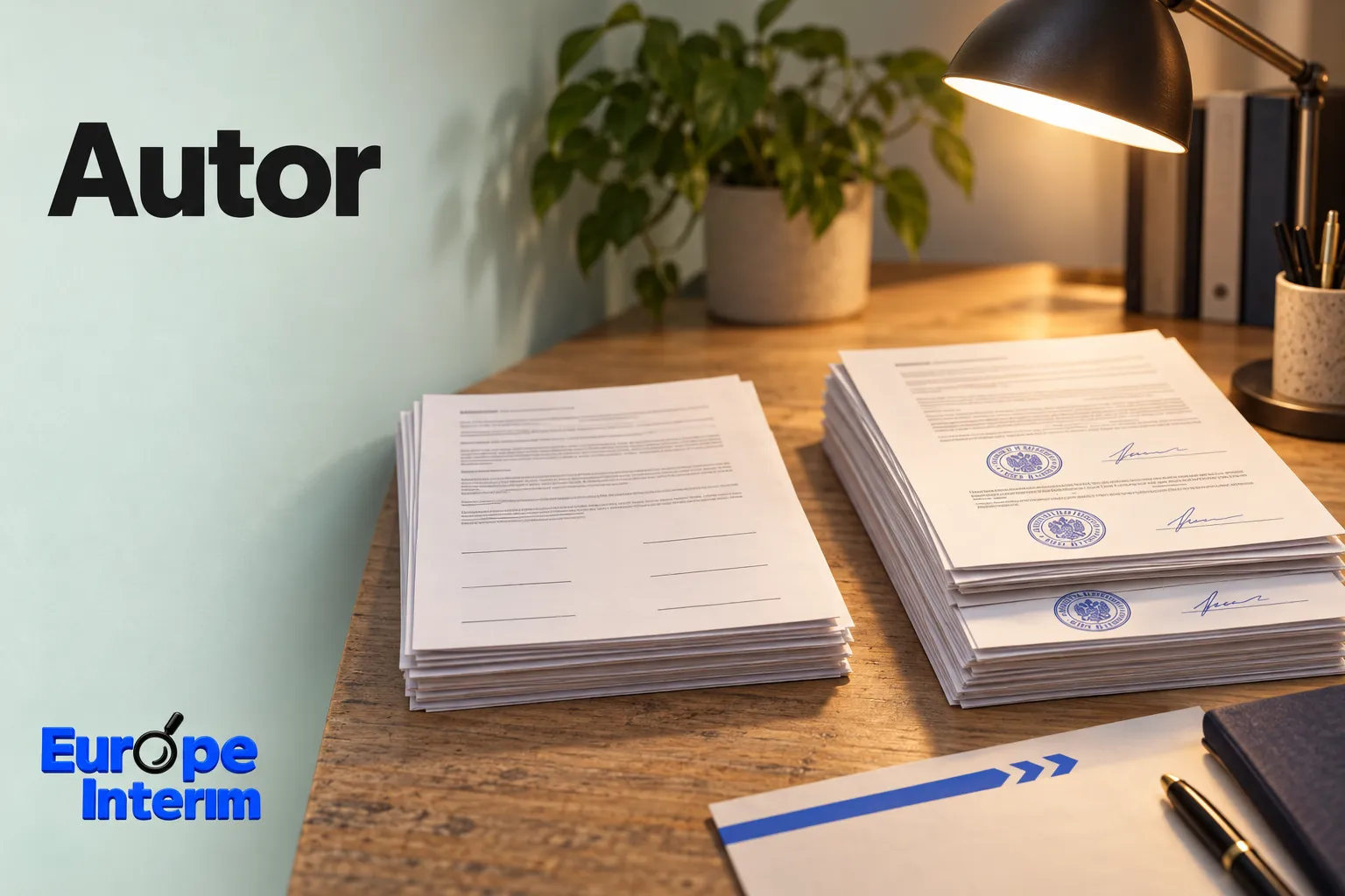Piles de documents administratifs sur un bureau en bois avec lampe et plante en arrière-plan.