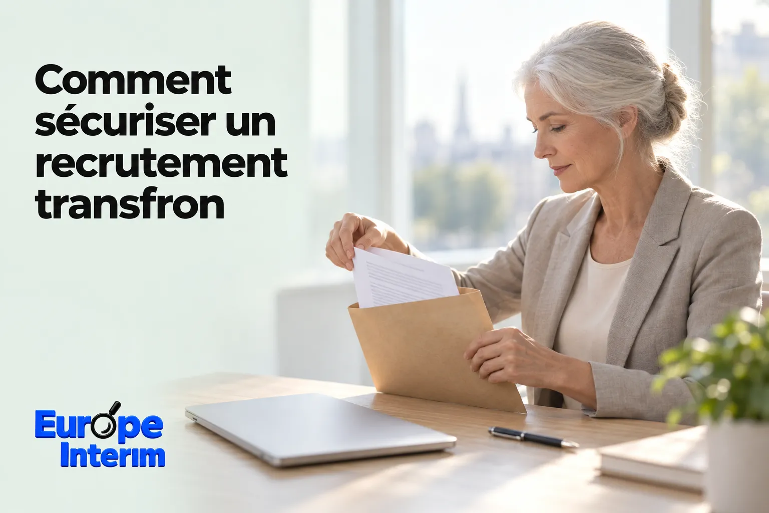 Une professionnelle lit un dossier en train de vérifier des documents sur un bureau.