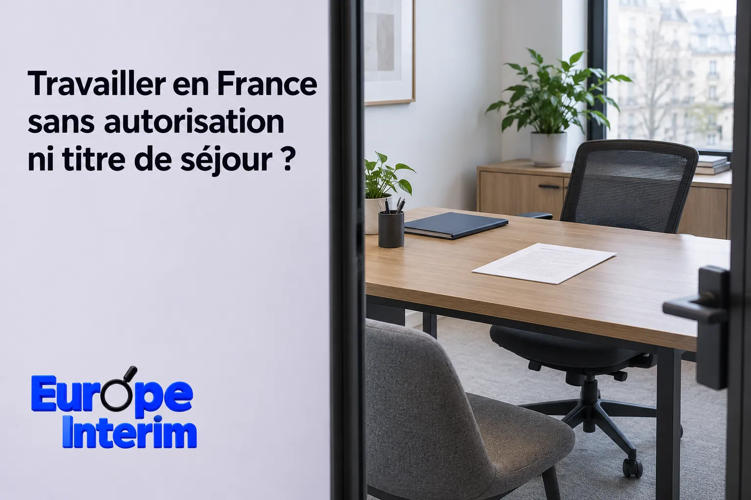 Une salle de réunion avec un bureau en bois, une chaise de bureau et des plantes, vue partielle à travers une porte ouverte.