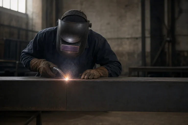 Soudeur en action, casque de protection et soudure crépitante sur une pièce métallique dans un atelier. Soudeur qualifié salaire, pratique et sécurité au travail.