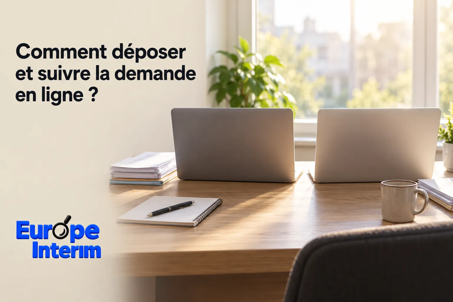 Une table de bureau avec deux ordinateurs portables, un carnet, un stylo et une tasse près d’une fenêtre lumineuse.