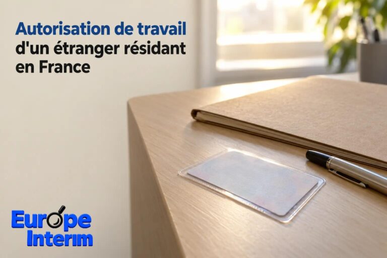 Texte affiché à gauche, sur fond clair, indiquant « Autorisation de travail d'un étranger résidant en France » avec un