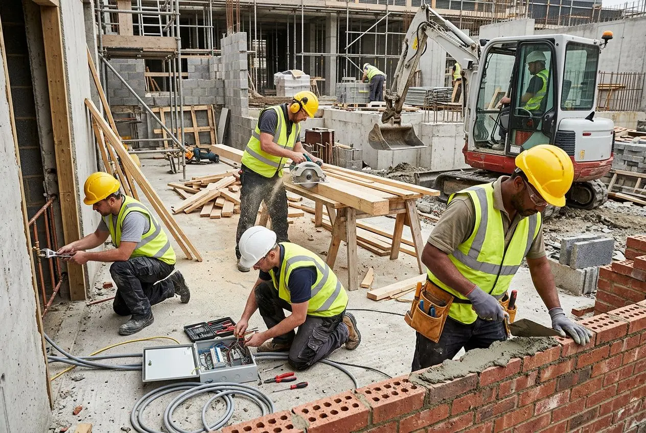 Travailleurs du bâtiment en chantier effectuant des travaux de maçonnerie et câblage, avec matériel et engins sur un site de construction. Travail temporaire secteur construction.