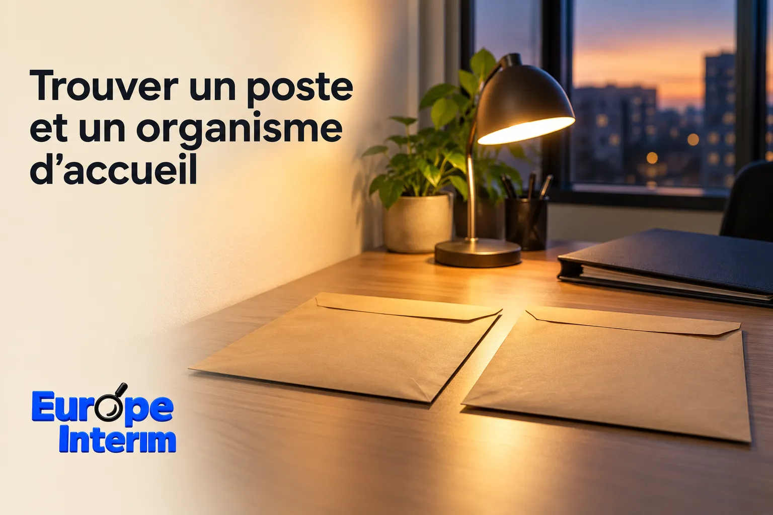 Trois enveloppes et des documents sur un bureau près d'une lampe, avec un décor de bureau et une fenêtre en arrière-plan.