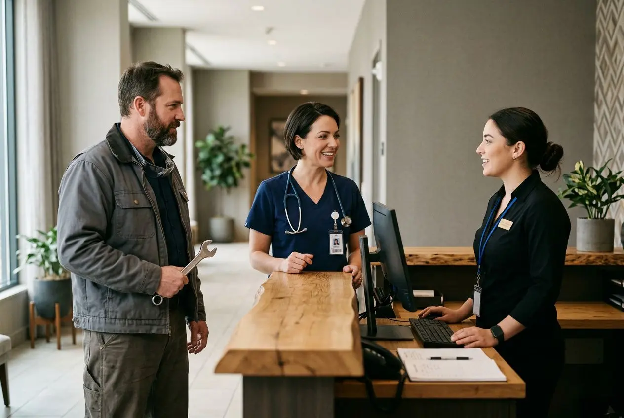 Trois personnes à la réception d’un établissement, deux infirmières ou infirmiers en uniforme discutent avec un client tenant une clé, ambiance accueillante. Quel secteur manque de main d'œuvre.