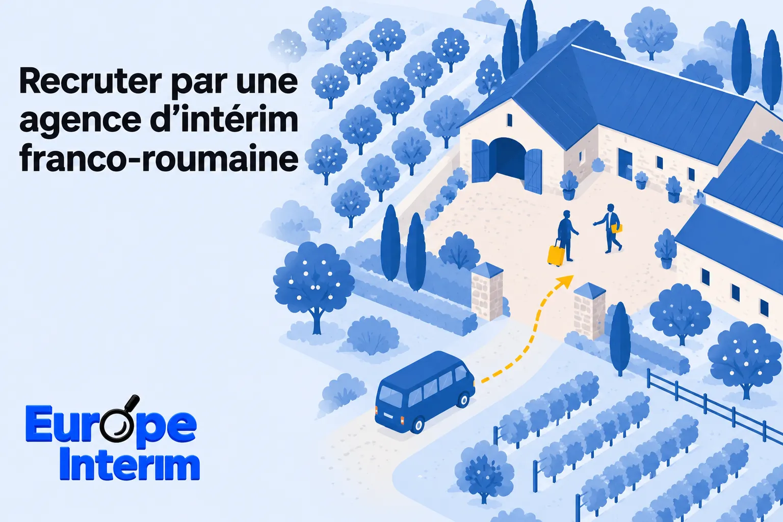Visuel illustrant une agence d’intérim franco-romaine avec un chemin menant à une maison et une voiture dans un paysage